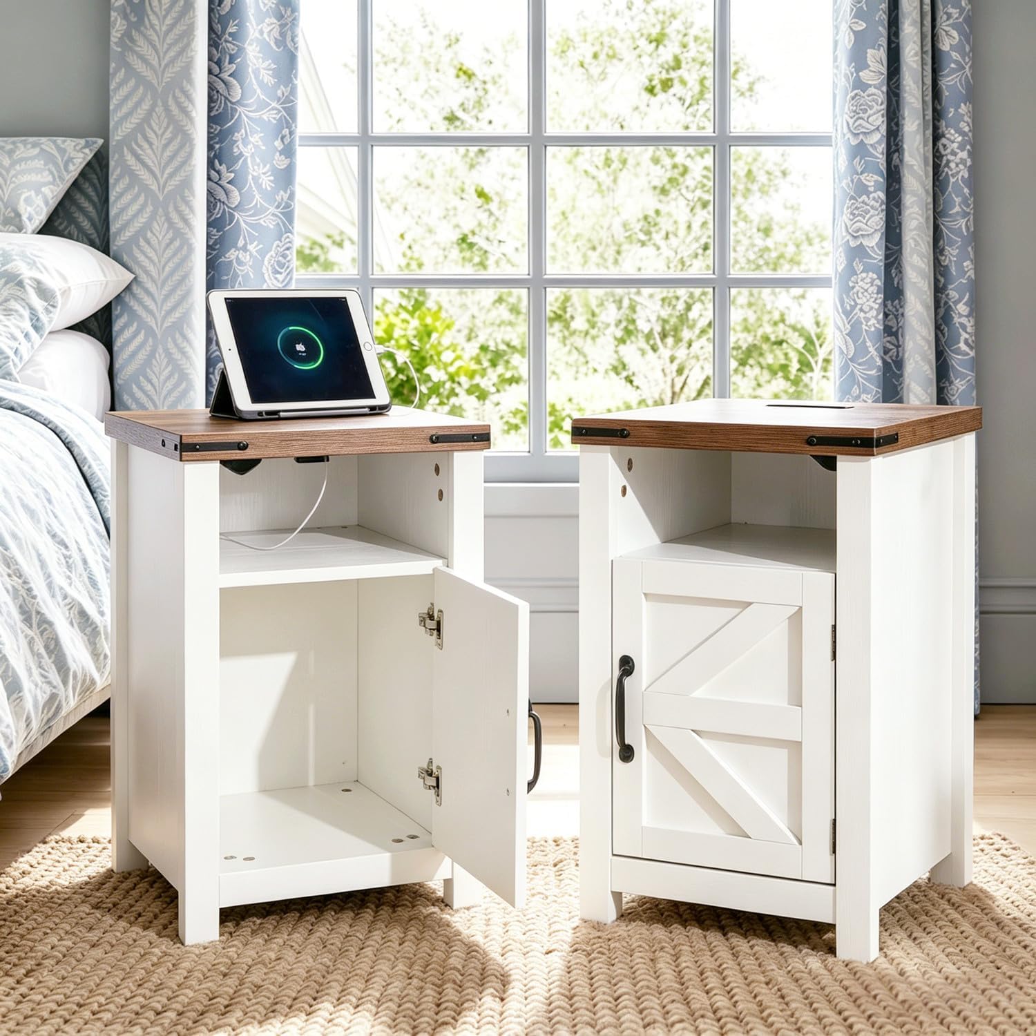 White Farmhouse End Table Set of 2, Rustic Nightstand with Barn Door and Shelf, Bedside Table with Charging Station for Living Room, Bedroom
