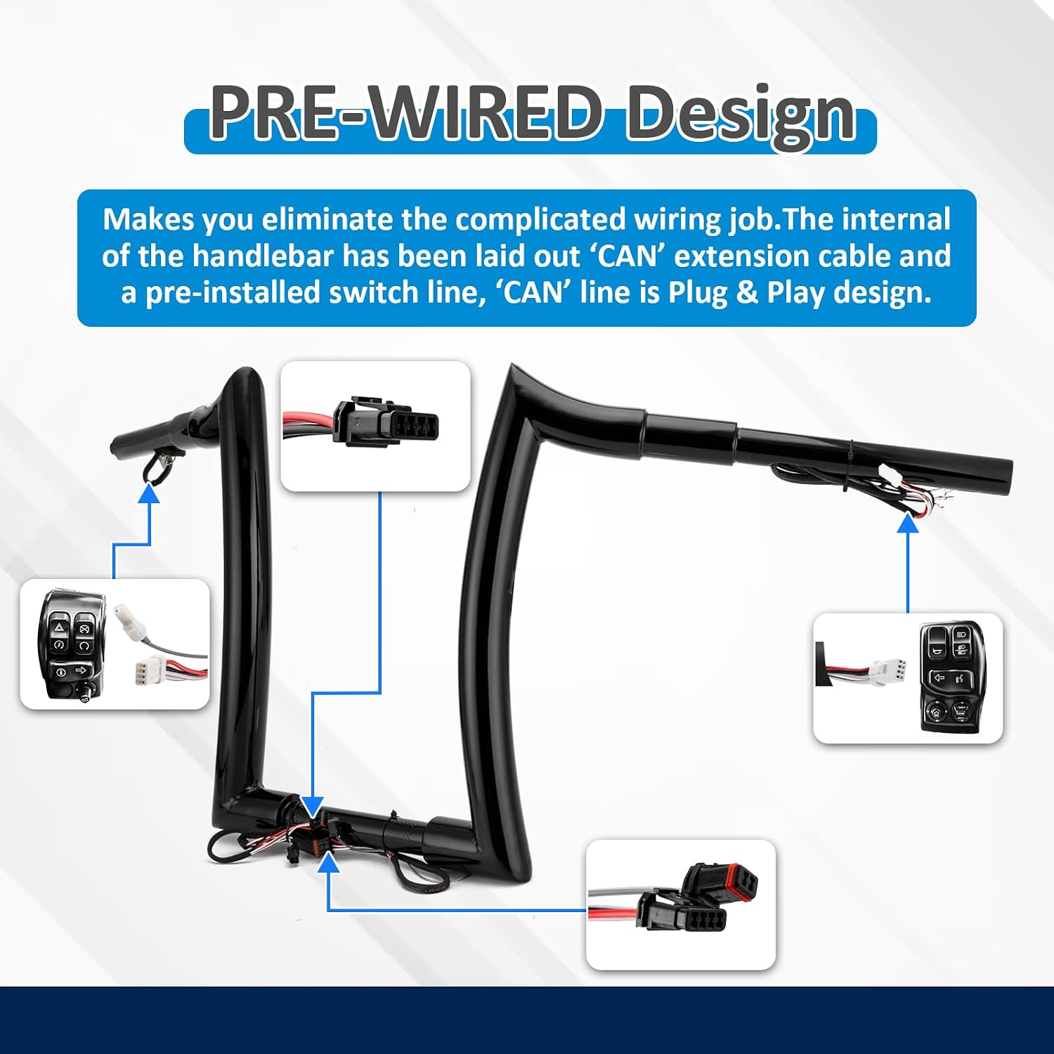 Wsays 12 Inch Pre-wired Handlebar Ape Bar Horn Compatible with Harley Softail 2011-2024 Fit Dyna 2012-2017 Fit Sportster 2011-2022 Fit Touring Road King 2015-Later