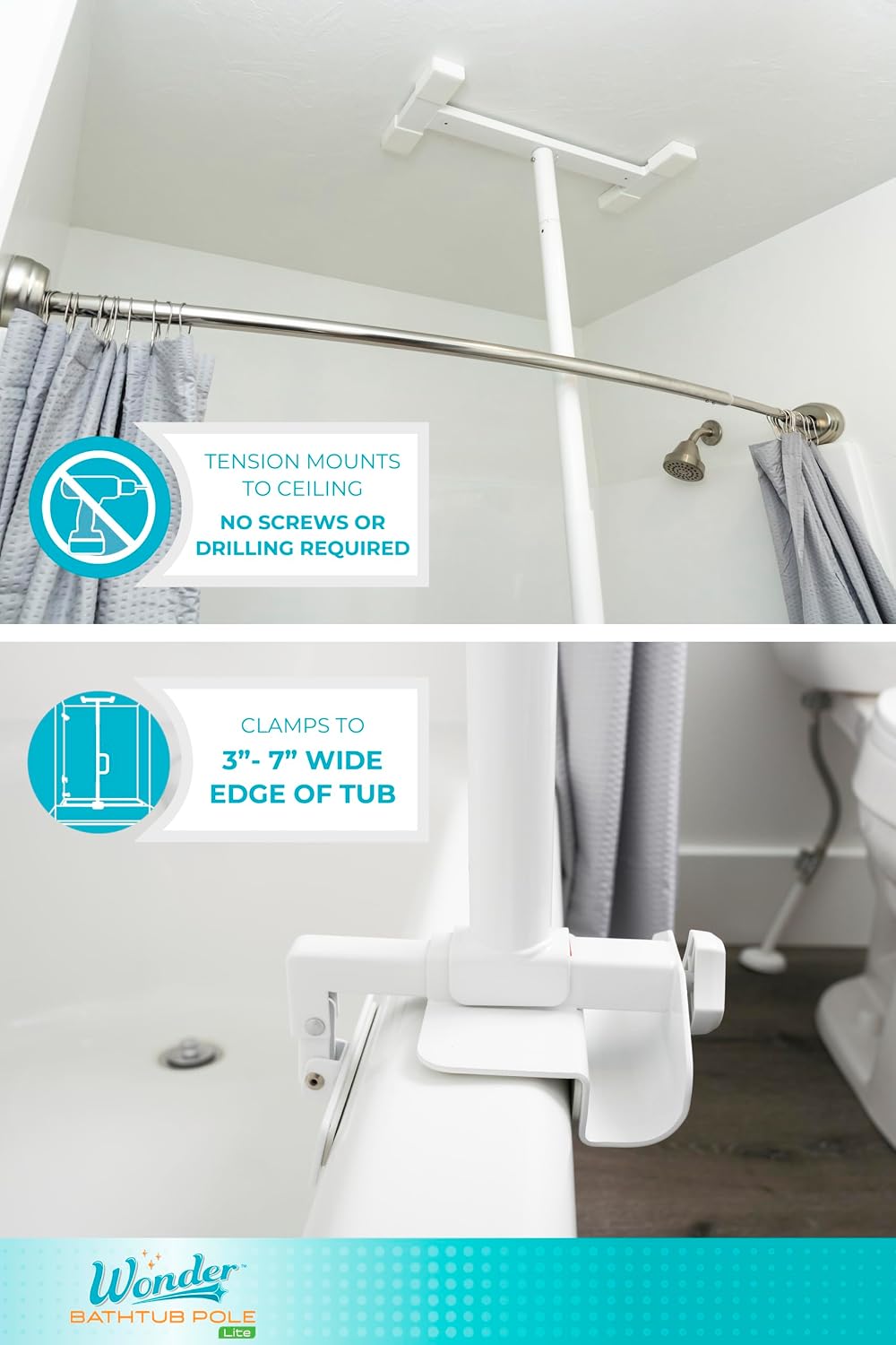 Stander Wonder Bathtub Pole Lite, Tub to Ceiling Grab Bar, Adjustable Shower Handle for Bathtubs, Clamp on Bathroom Safety Rail for Seniors, Elderly Adults, No Drill Installation, White