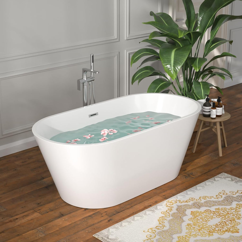 59' Freestanding Acrylic Bathtub White Roll Top Soaking Tub with Black Drain Sleek Finish for Contemporary Bathrooms, YSB9219