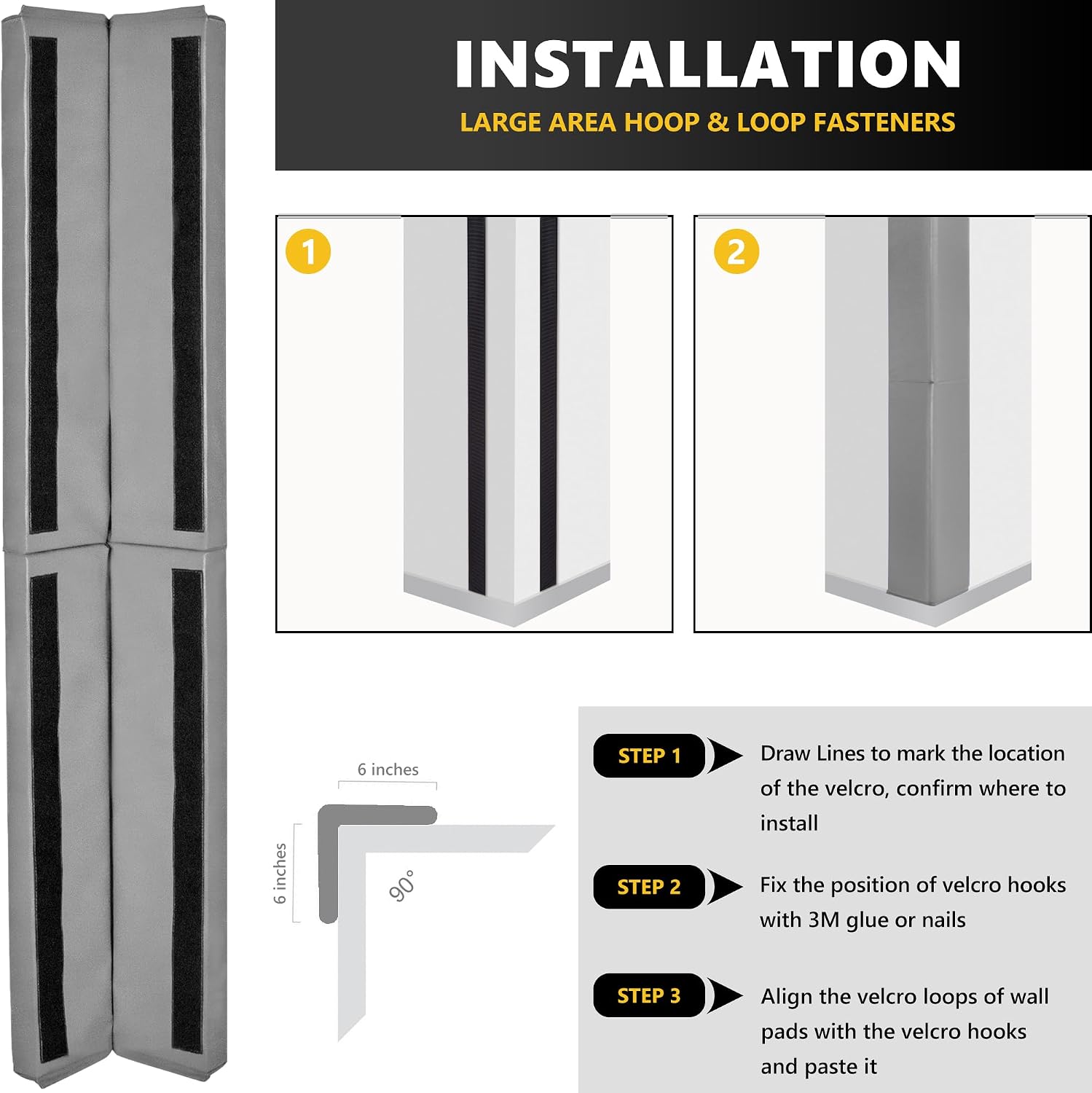 Wall Corner Guards & Edge Protector, Heavy Duty Wall Corner Protective Safety Padding, All-Weather 2 Sides Corner Pad for Gyms, Basketball Court, Playrooms, Garages,etc. (Gray, 5FT Tall 6in Sides)