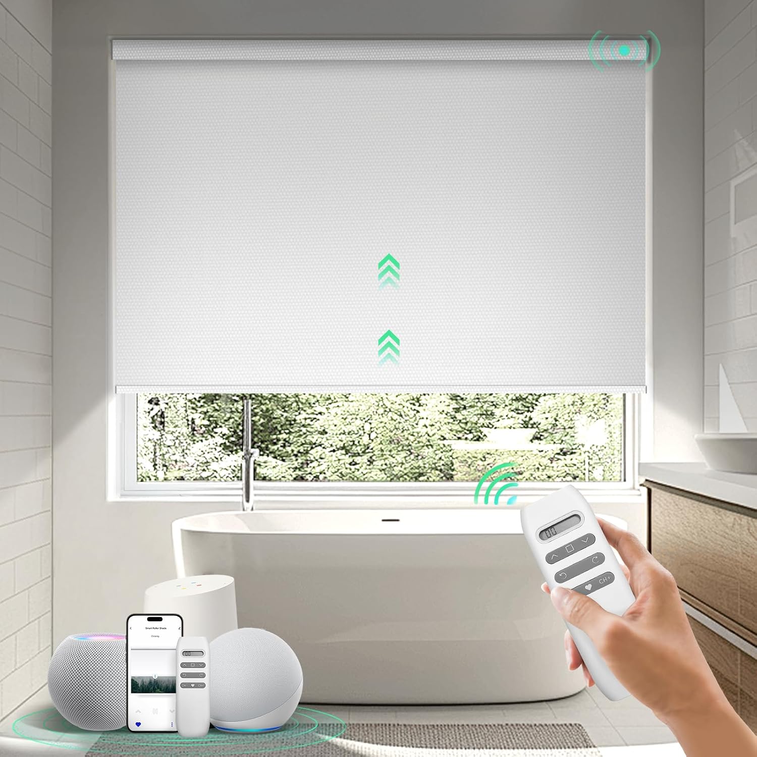 HeyBlinds Motorized Blinds with Remote, 100% Blackout Smart Blinds, Automatic Shades for Windows Compatible with Alexa Google and Homekit, Custom Size(Photo Film-White BO)