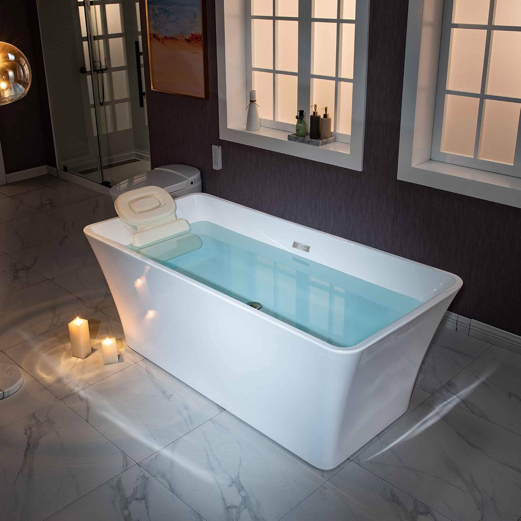 WOODBRIDGE 59'Freestanding White Acylic Soaking Bathtub with White Pillow,Drain and Overflow inChrome,BTA1509 -C-Drain &O+ Pillow
