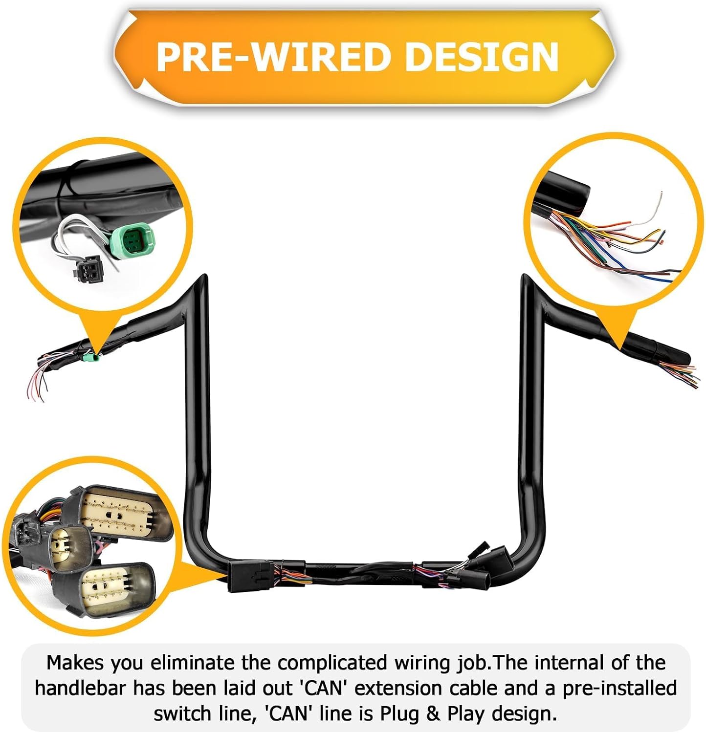 Mofun 12' Rise Handlebars Pre-Wired Ape Hangers 1.25' Fat 1' Clamp Compatible with Harley Touring Street Glide Electra Glide Ultra Limited 2008-2013 Black