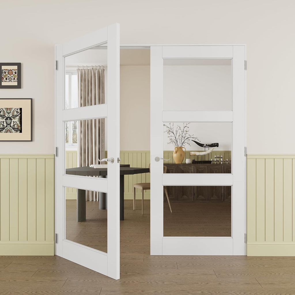 Prehung French Door 72' x 80' (2x36 in), 3-Lite Tempered Clear Glass Door Slabs with Jamb, Silver Hinges, 4 Levers & Latch, Solid Core Interior Door, Pre-Finished & Paintable,Double Doors Interior