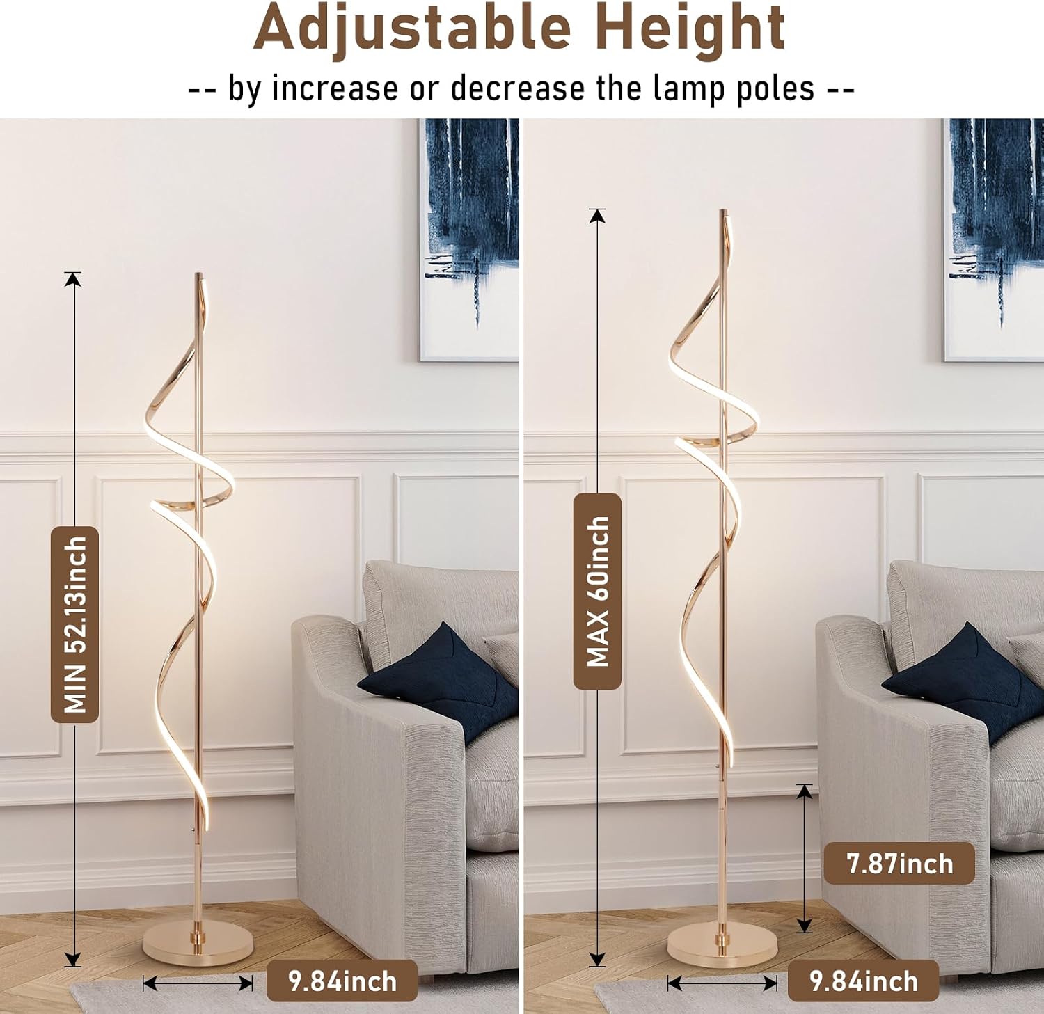 EIDISUNY LED Floor Lamp for Living Room, 60 inches Spiral Floor Lamp with Remote Control, 48W, 3 Color Temperatures,Dimmable, for Bedroom, Office Gold