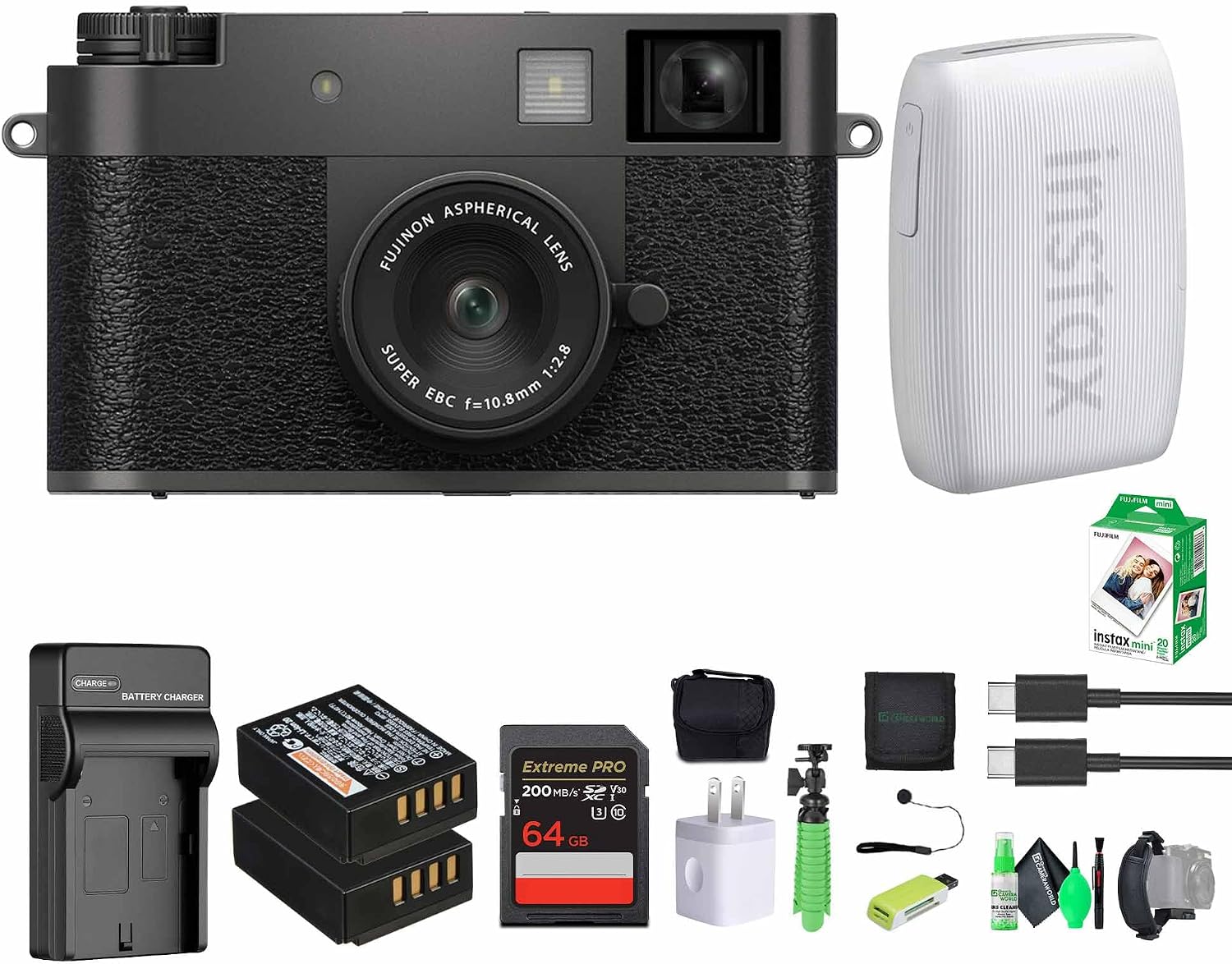 FUJIFILM X Half Premium Compact Digital Camera (Charcoal Silver) Bundle with Fuji Link 3 Smartphone Printer (Clay White) + Instax Mini Film + Extra Battery + Charger + 64GB Memory Card + More