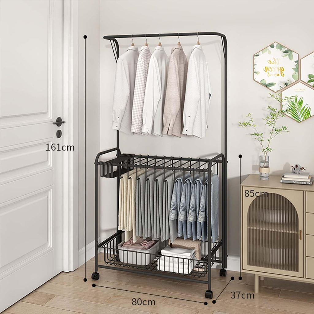 Display Stand Freestanding Pants Hangers Rolling Trolley Trousers Rack, Movable Multifunctional Jeans Hangers Closet Organizer Shelf Metal Garment Rack (Black + Hanger