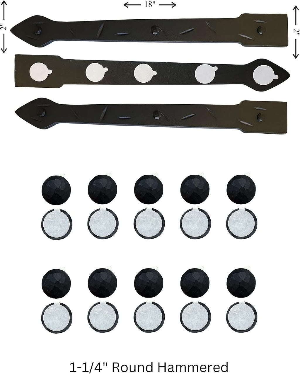 The Rustic Express - Self Adhesive 3 Iron Straps 18' & 20 Dome Top Round Clavos 1-1/4' - Decorative Hinges & Clavos for Farm, Fiberglass, Metal, Wooden Gate Hinge and Garage Door Hardware - Black