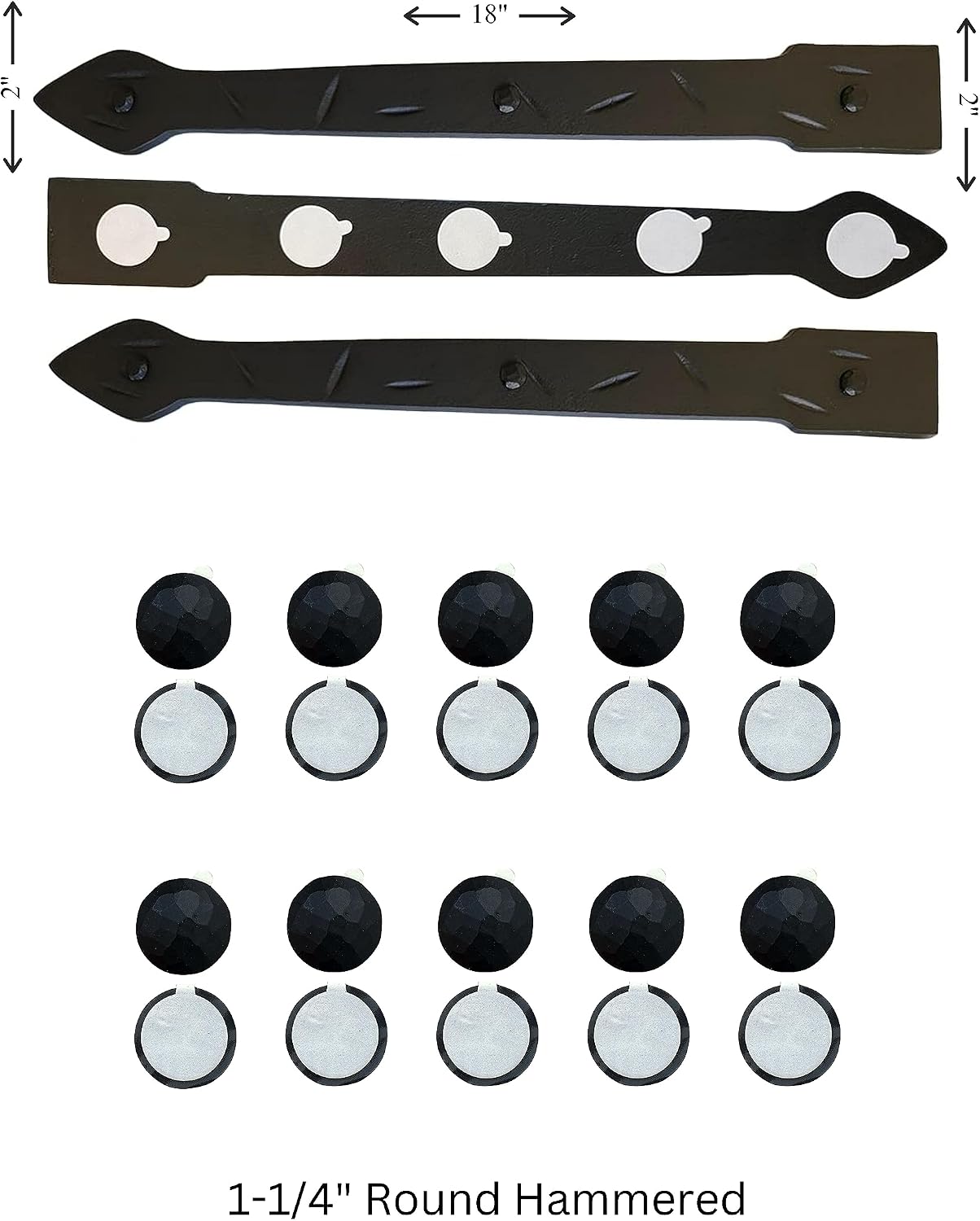 The Rustic Express - Self Adhesive 3 Iron Straps 18' & 20 Dome Top Round Clavos 1-1/4' - Decorative Hinges & Clavos for Farm, Fiberglass, Metal, Wooden Gate Hinge and Garage Door Hardware - Black