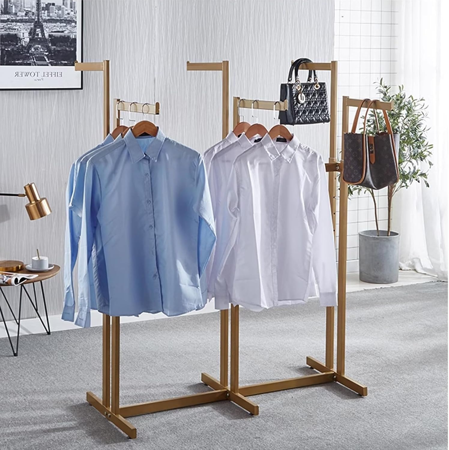Floor Standing Metal Garment Rack - Heavy Duty Black 6 Way Rack, Adjustable Lifting Hanging Clothes Racks- Retail Display Clothes Shelves,Gold