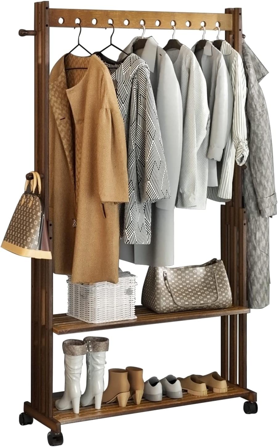 Rustic Wooden Clothes Rack Freestanding Bamboo Garment Stand On Wheels 40.94x12.68x65.35 Inch Brown Wood Glossy Rolling