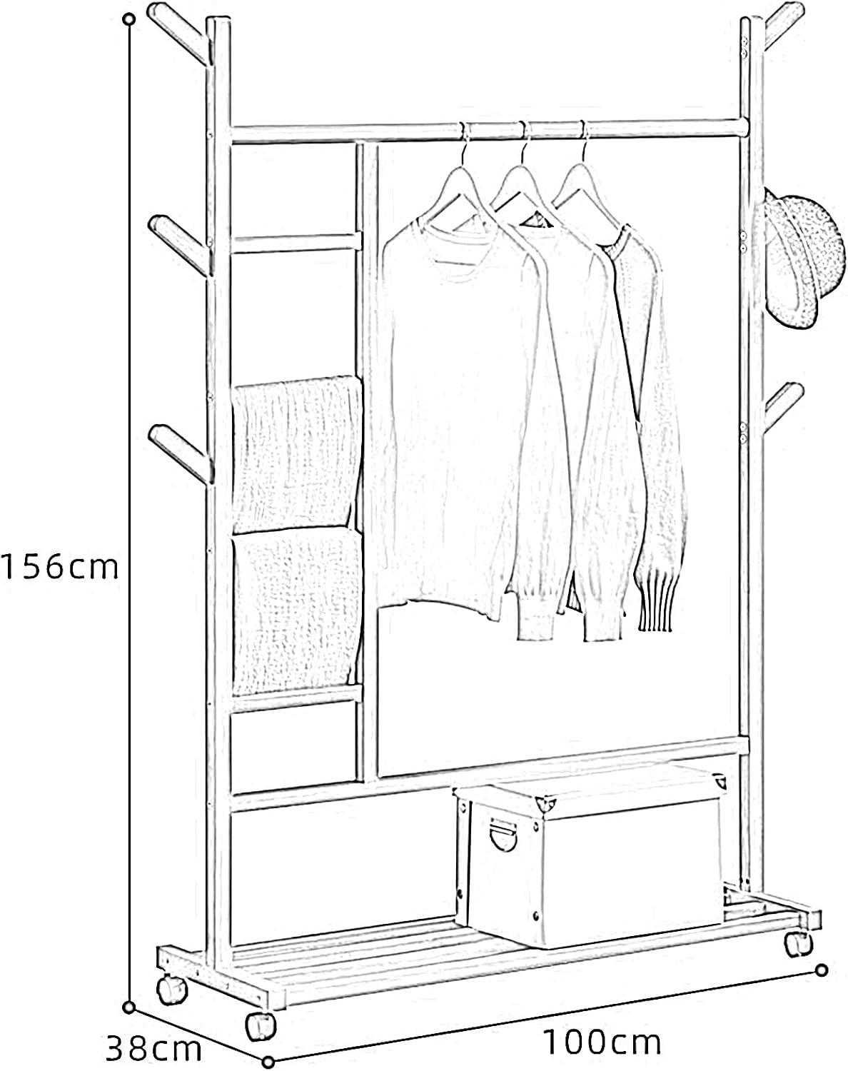 Ribbon Rack Craft Room Garment Rack Heavy Duty Clothes Rail On Wheels Multifunctional Coat Rack with 6 Hooks and Shelves Natural Clothing Rack for Bedroo