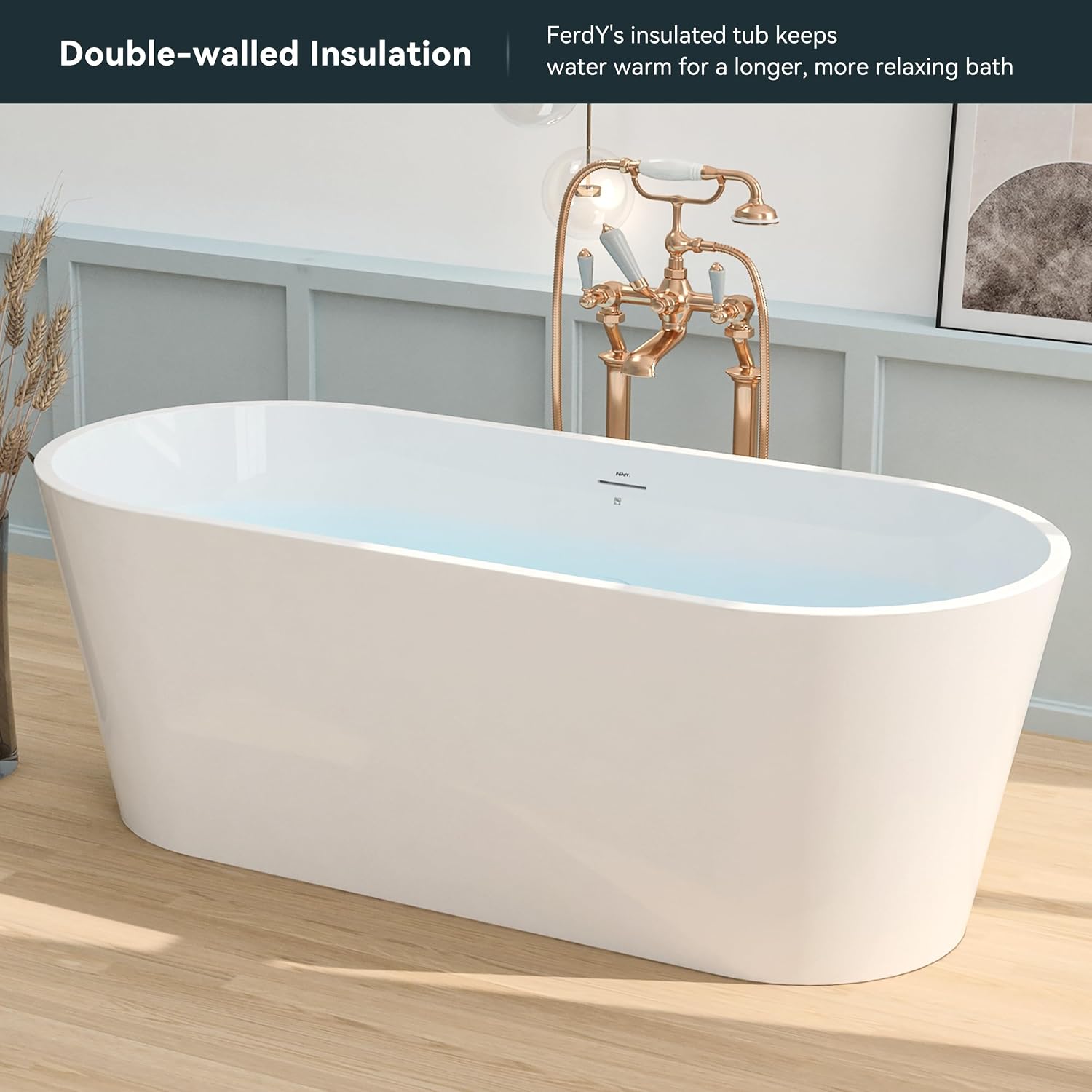 FerdY 67' Shangri-La Elite, Acrylic Freestanding Bathtub, Modern & Contemporary Design Soaking Tub with Brushed Nickel Pop-Up Drain & Bath Pillow for Bathtub,Thick Tub Pillows, Breathable 4D Air Mesh
