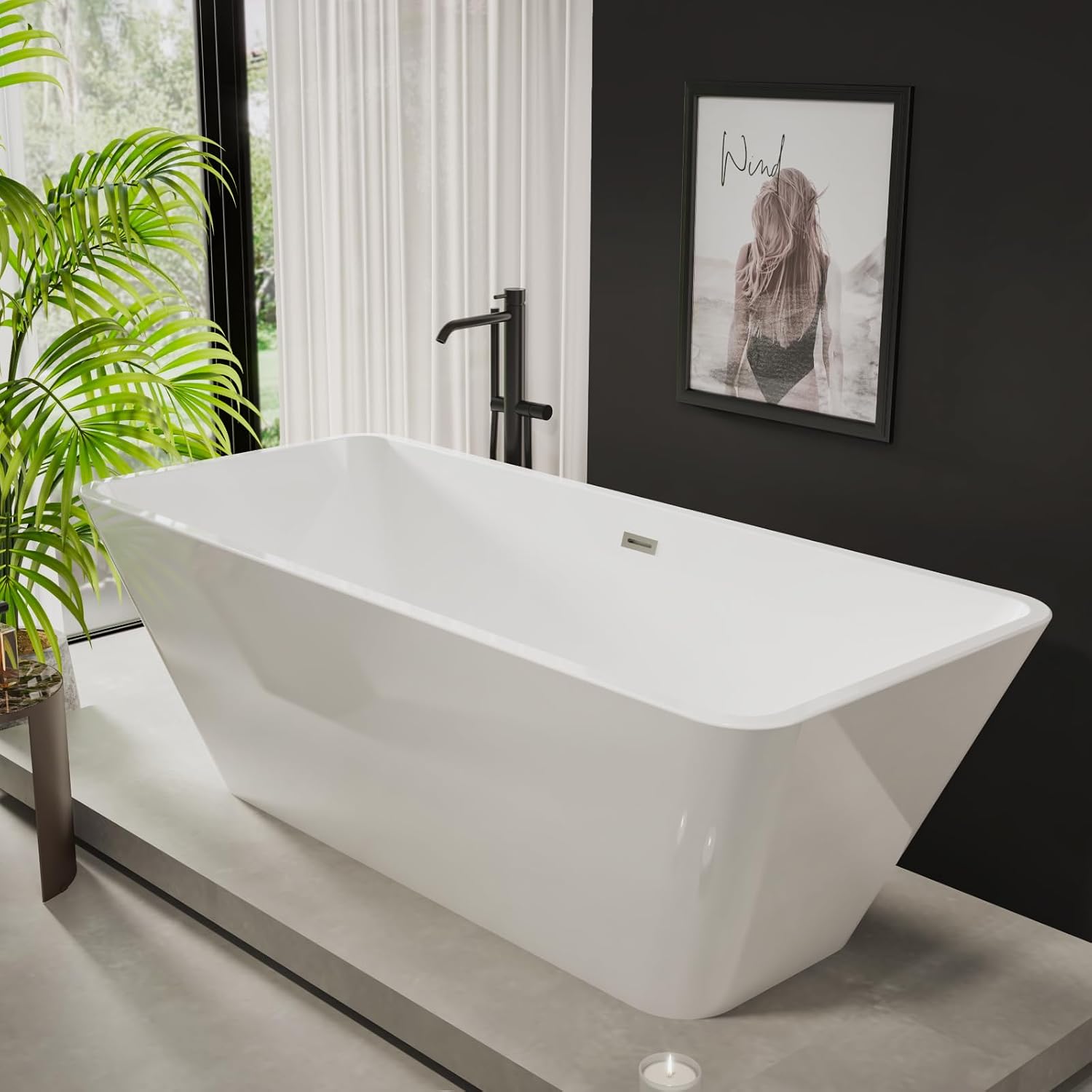 59' Modern Acrylic Freestanding Bathtub – Rectangular Soaking Tub with Chrome Drain & Streamlined Linear Overflow, Easy Installation, CUPC Certified, Glossy White