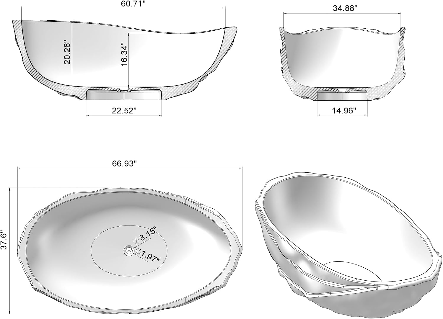 67 inch Freestanding Solid Soaking Bathtub 25S52 17PS