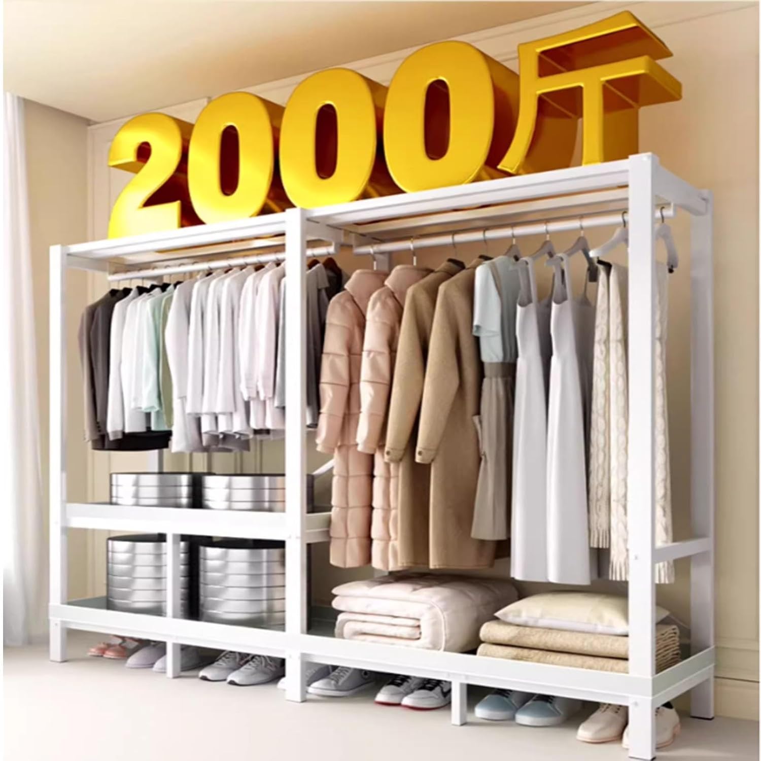 Large Capacity Portable Foldable Cloth Rack With Cover - Bedroom Heavy-duty Closet Rack, 2000 Lbs Capacity Wardrobe Clothing Storage Rack Display Rack/Freestanding Clothing Coat Storage Rack(Color:E,S
