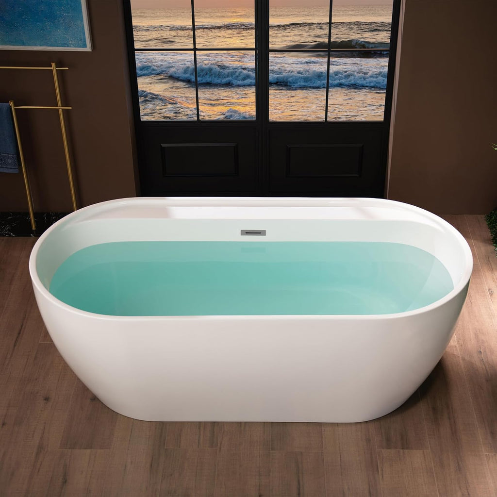WOODBRIDGE 67' Acrylic Freestanding Bathtub Contemporary Soaking White Tub with Chrome Overflow and Drain,B0063-C