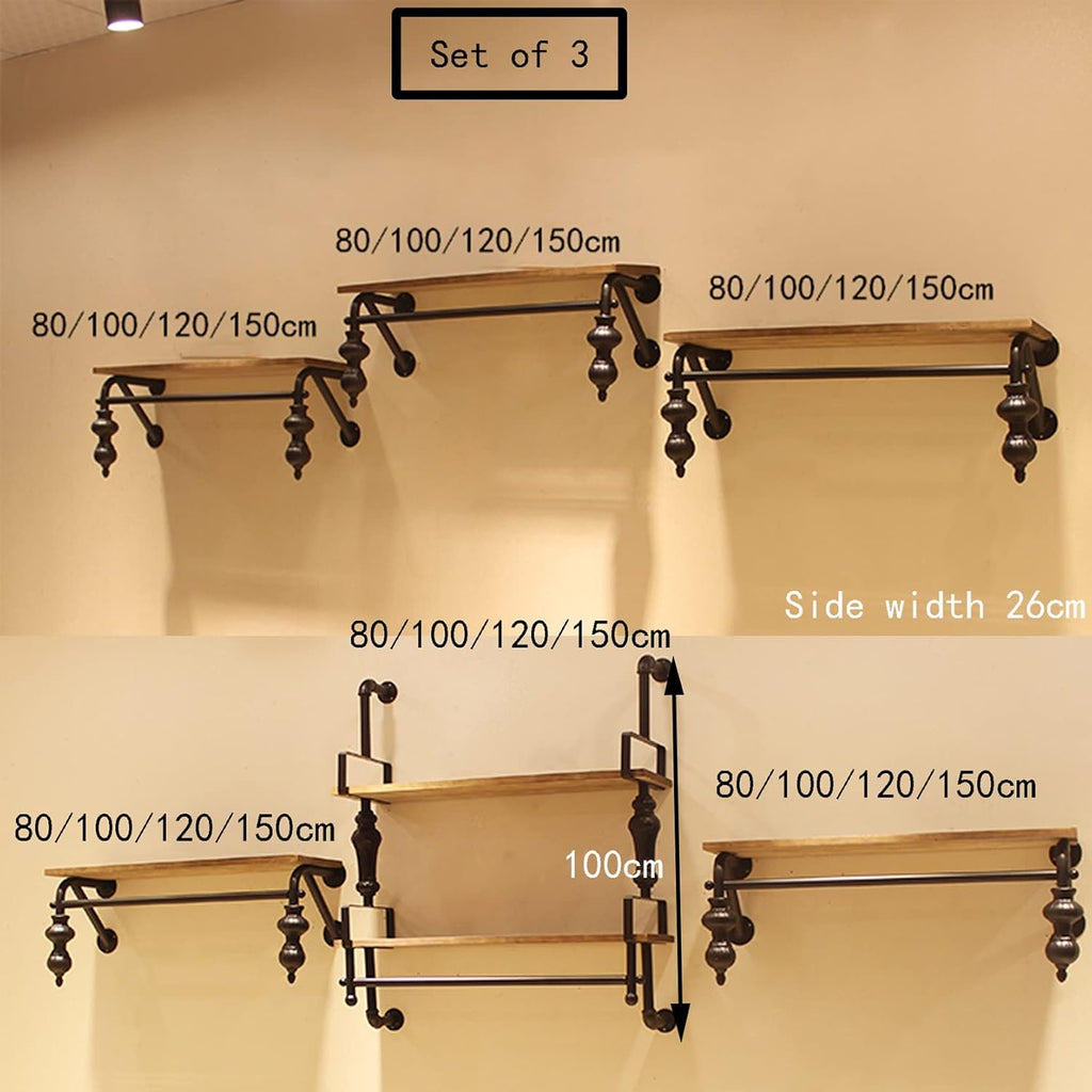 3 Section Garment Rack,Floating Industrial Pipe Garment Rack,Wall Mounted Coat Hanger,Retail Display Garment Rack with Wooden Shelf,Heavy Duty Organizer,STU(2-tiers-120CM
