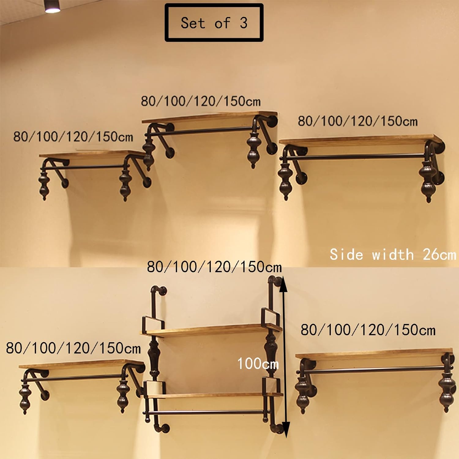 3 Section Garment Rack,Floating Industrial Pipe Garment Rack,Wall Mounted Coat Hanger,Retail Display Garment Rack with Wooden Shelf,Heavy Duty Organizer,STU(2-tiers-120CM