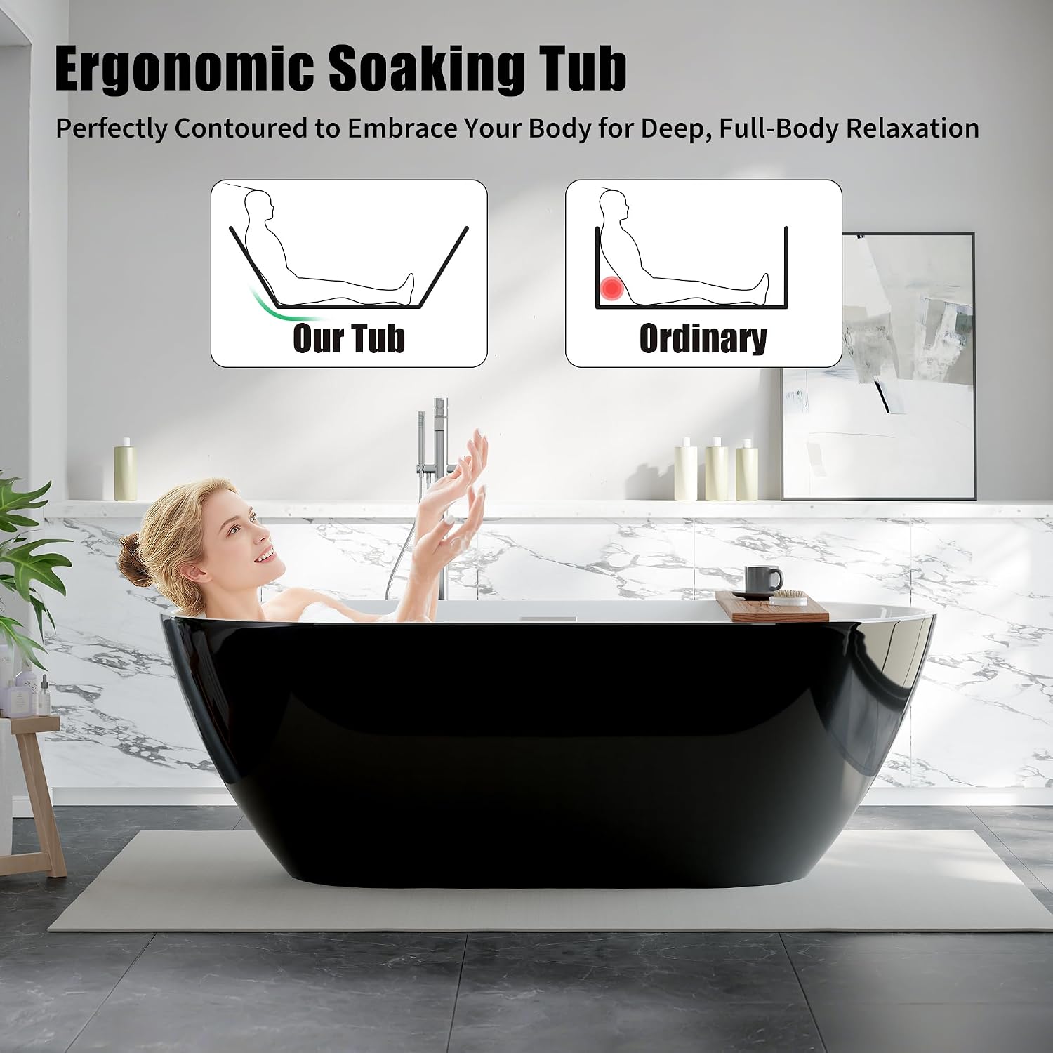 GarveeHome 59 in Stand Alone Tub,Acrylic Freestanding Soaking Bathtub,Contemporary Soaking, Tub Pop-Up Drain and Overflow Option,Ergonomic(Black)