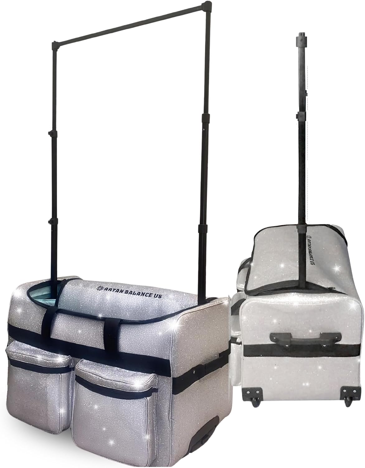 Dance Duffle Bag with Garment Rack 28' – Silver Glittering Rolling Dance Competition Bag for Shows, Travel and Performances – Collapsible Dance Suitcase with Portable Trolley and Storage Pockets