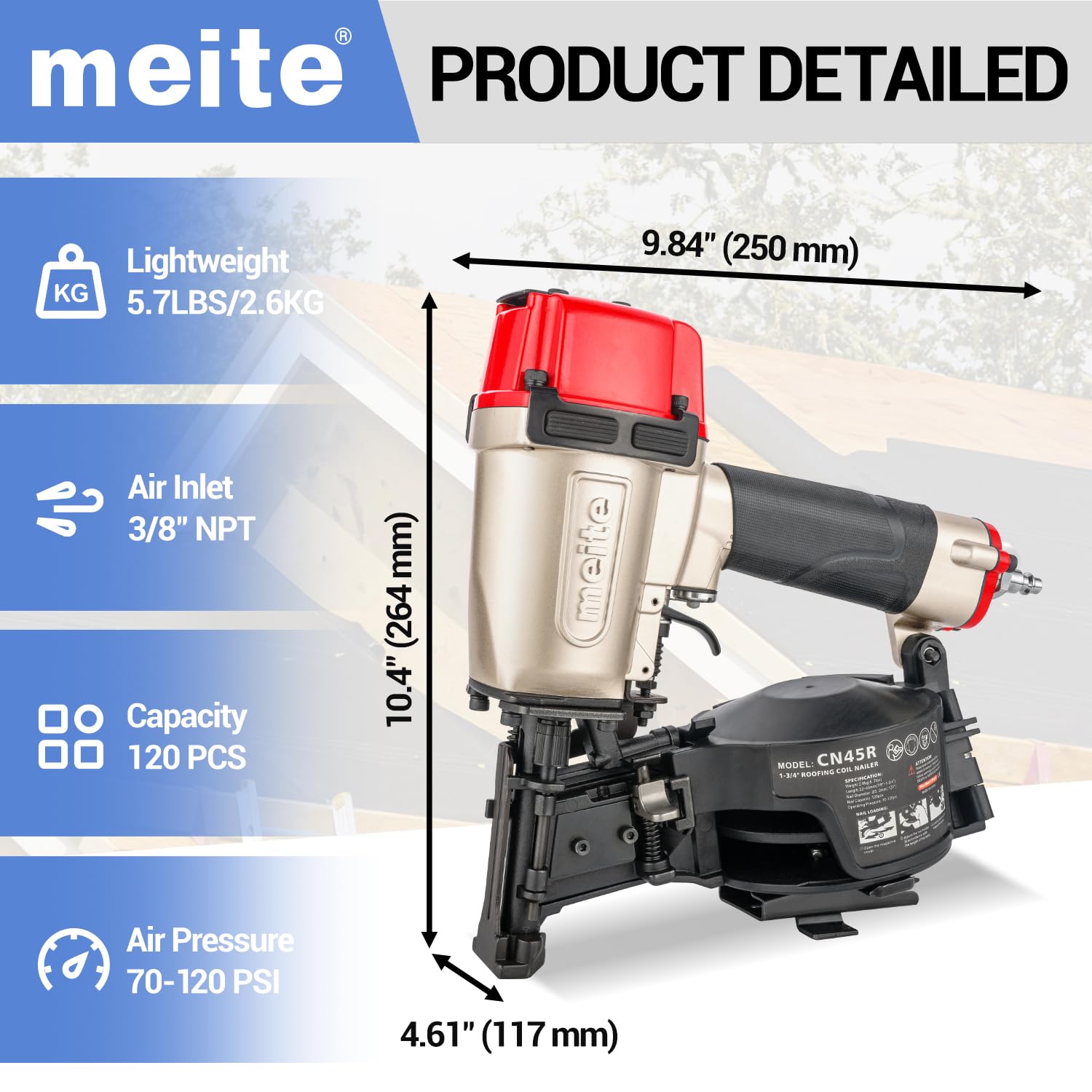 meite Roofing Nail Gun CN45R with 1-3/4-Inch Coil Roofing Nails, Electro Galvanized 15 Degree Big Head Wire-Collated Smooth Shank for Asphalt Roofing Shingles Lathing