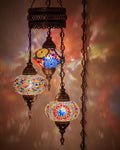 DEMMEX Plug-in Turkish Hanging Lamp, Handmade Moroccan Mosaic Chandelier Pendant Light Fixture with 15-ft Cord & Chain, Decorative Ceiling Lamp for Living Room, Bedroom, 3 Large 7'' Globes, 3.5 ft.