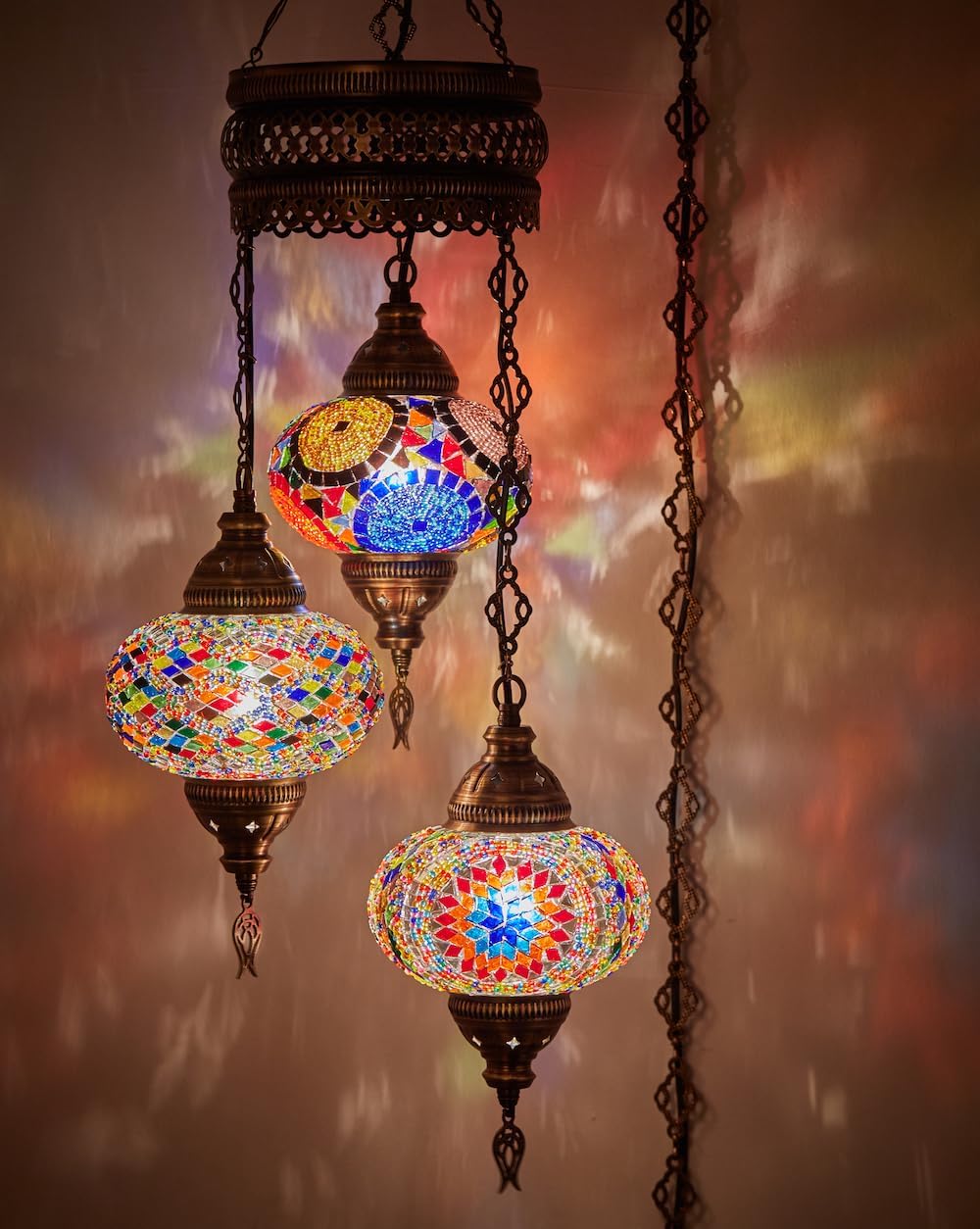 DEMMEX Plug-in Turkish Hanging Lamp, Handmade Moroccan Mosaic Chandelier Pendant Light Fixture with 15-ft Cord & Chain, Decorative Ceiling Lamp for Living Room, Bedroom, 3 Large 7'' Globes, 3.5 ft.