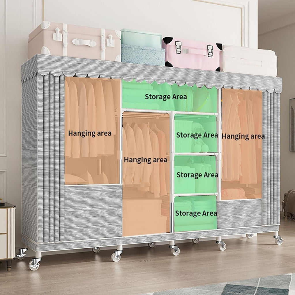 Closet Wardrobe with 360° Wheels 170cm Portable Closet for Bedroom Garment Rack with 2 Clothes Rail and Fabric Cover 6 Compartments (Color : B, Size : 200x45x170cm)