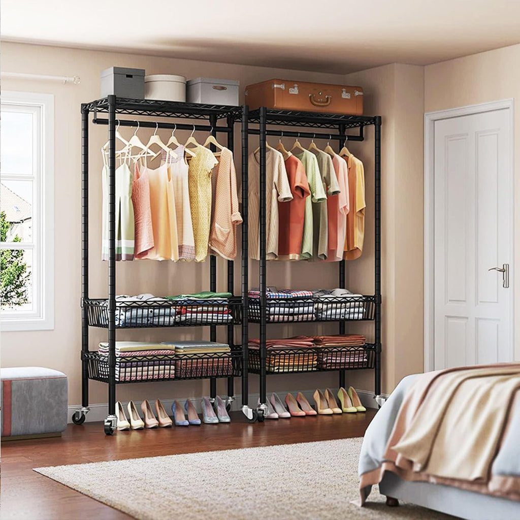 Heavy Duty Clothes Rack, Rolling Garment Rack 3 Tier Adjustable Wire Shelving with Hanger Rod&Side Hooks Clothing Racks for Hanging Clothes Clothes Storage and Display