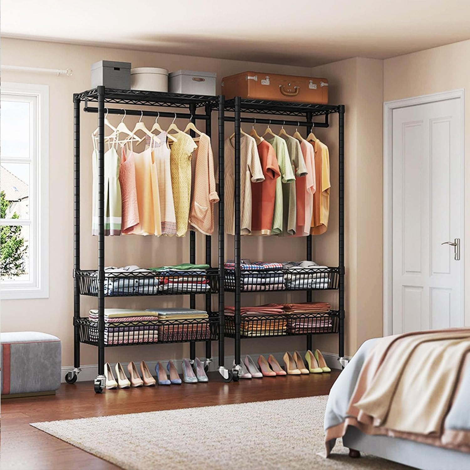 Heavy Duty Clothes Rack, Rolling Garment Rack 3 Tier Adjustable Wire Shelving with Hanger Rod&Side Hooks Clothing Racks for Hanging Clothes Clothes Storage and Display