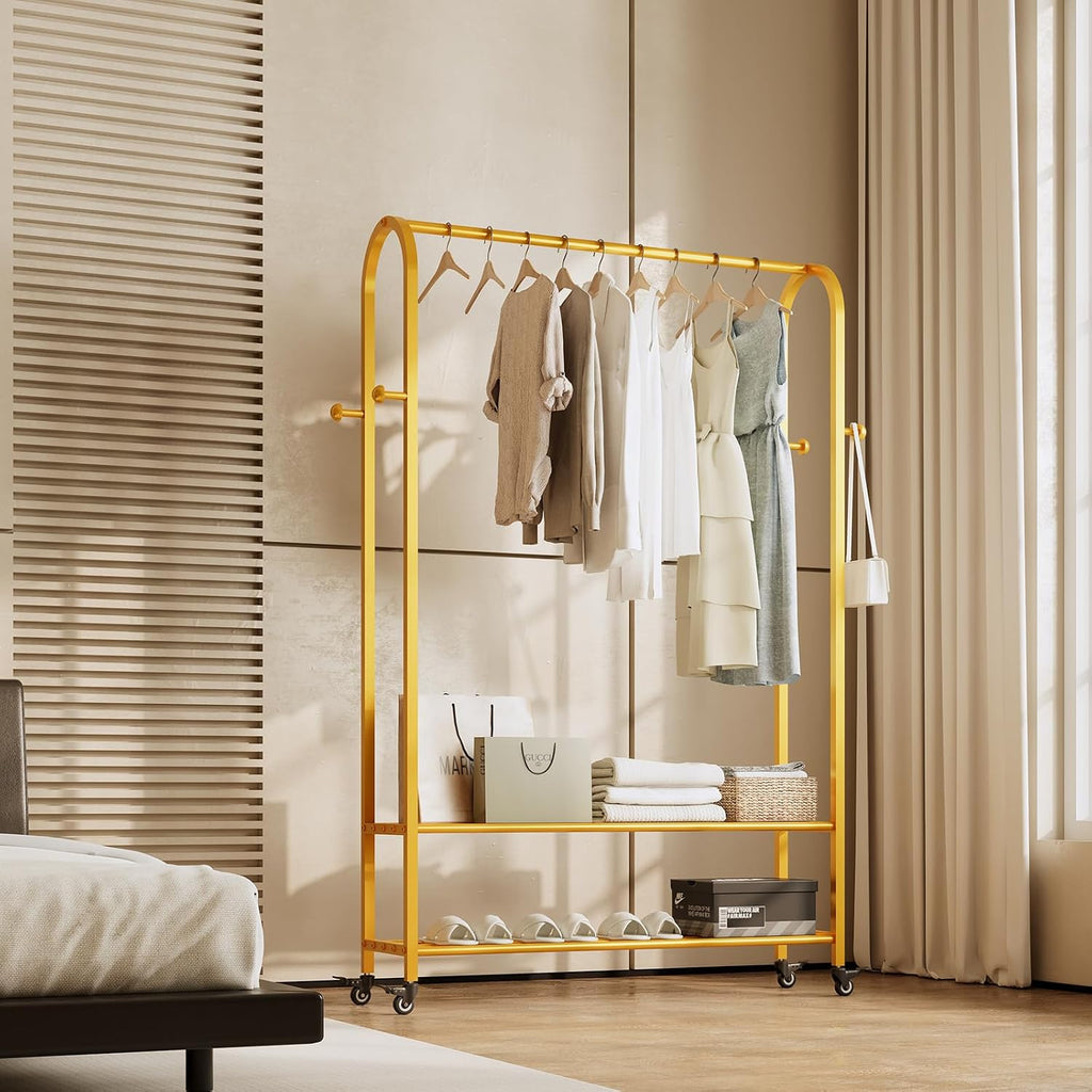Sturdy Heavy Duty Clothes Rack With Wheels,Modern Clothing Rack With Shelves & hooks, Garment Racks for Hanging Clothes,Closet Rack for Bedroom,49.21in Wide,Clothes Storage and Display (gold)