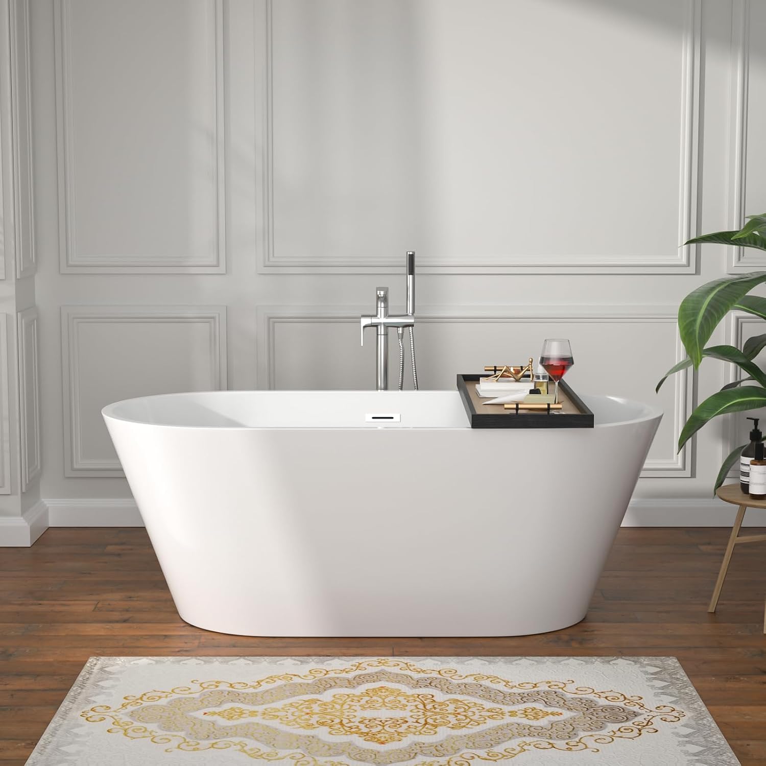 59' Freestanding Acrylic Bathtub White Roll Top Soaking Tub with Black Drain Sleek Finish for Contemporary Bathrooms, YSB9219