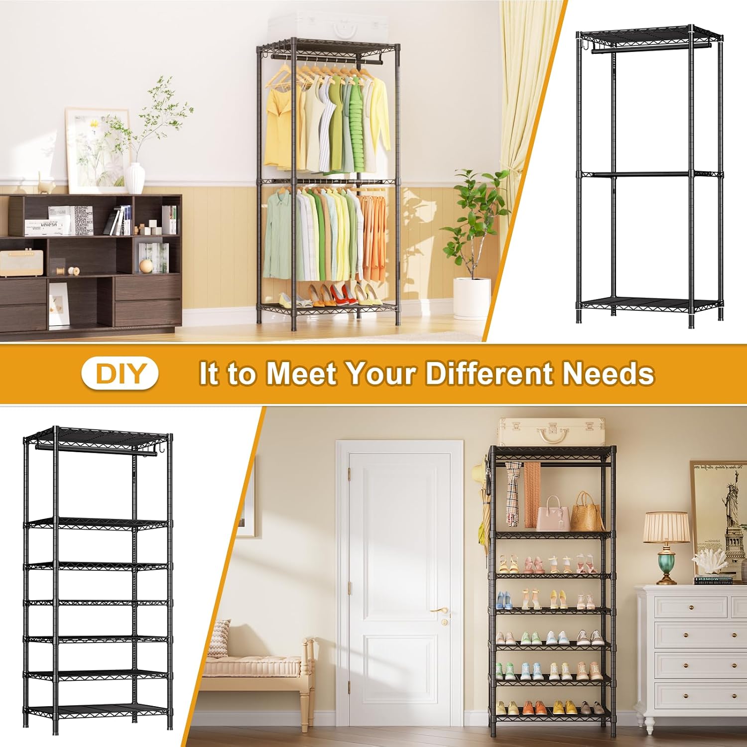 Ulif E10 (With Stretchable Hanger Rod) and E13C (With Dustproof Cover) Closet Organizer System, Freestanding Clothing Racks for Hanging Clothes，Adjustable Garment Rack