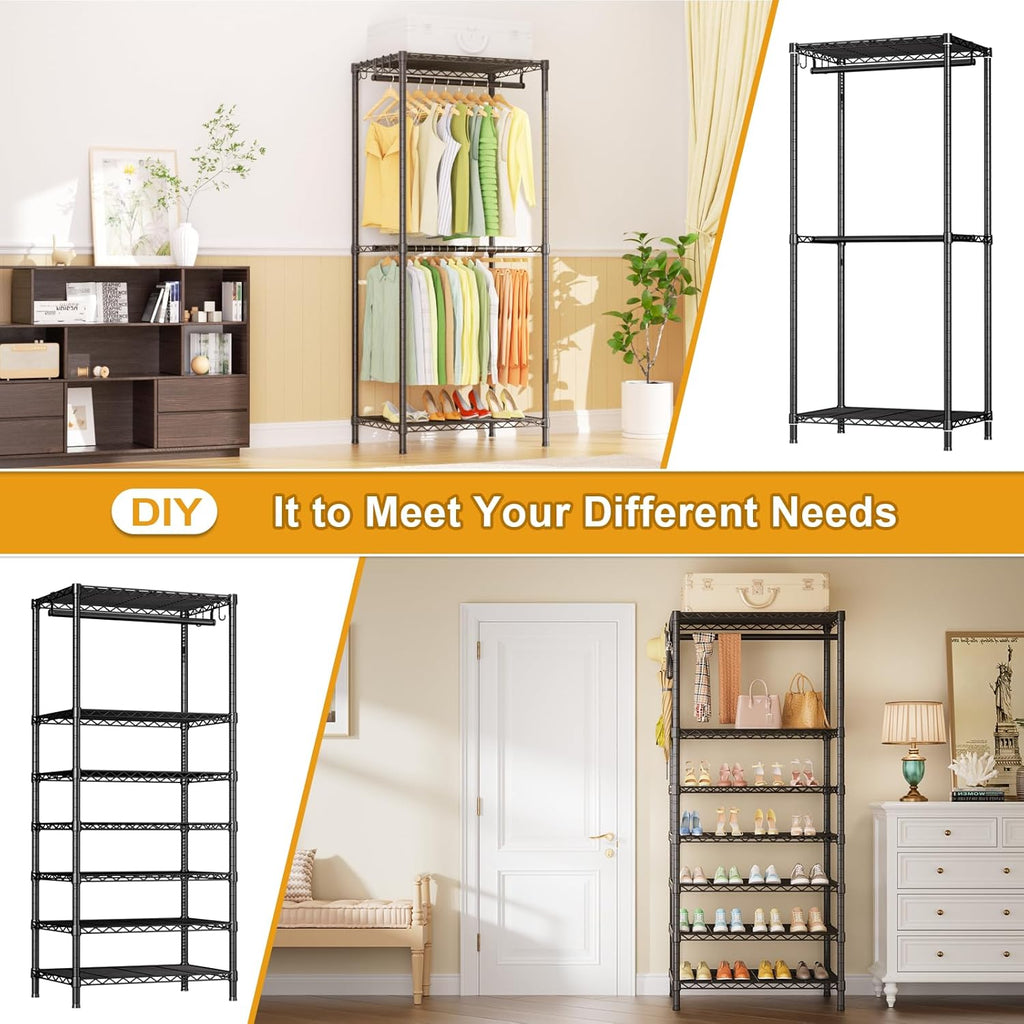 Ulif E12C and E13C Heavy Duty Closet Organizer System, Freestanding Clothing Racks for Hanging Clothes，Adjustable Garment Rack, Black Clothing Rack with Black Dustproof Cover