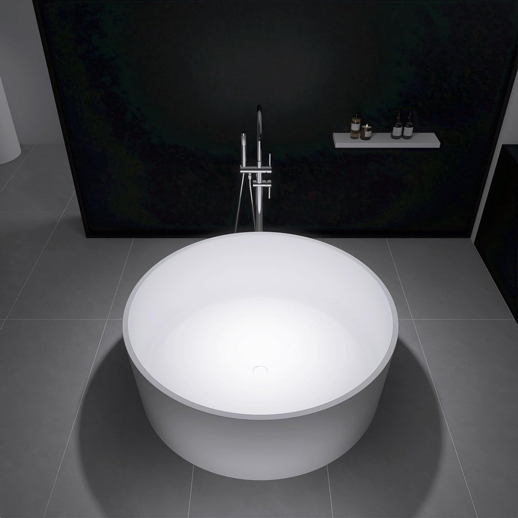 49' Freestanding Bathtub, Modern Soaking Stand Alone Tub Solid Surface Resin Stone Bathtub with Pop Up Drain and Overflow, Matte White 311MW1250