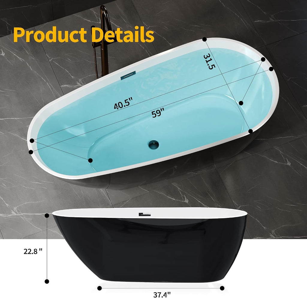 59 Inch Acrylic Freestanding Bathtub, Acrylic Soaking Bathtub with Matte Drain and Overflow, Modern Square Tub, cUPC Certified, Deep Ergonomic Design, Double-Walled Insulation, Easy Installation
