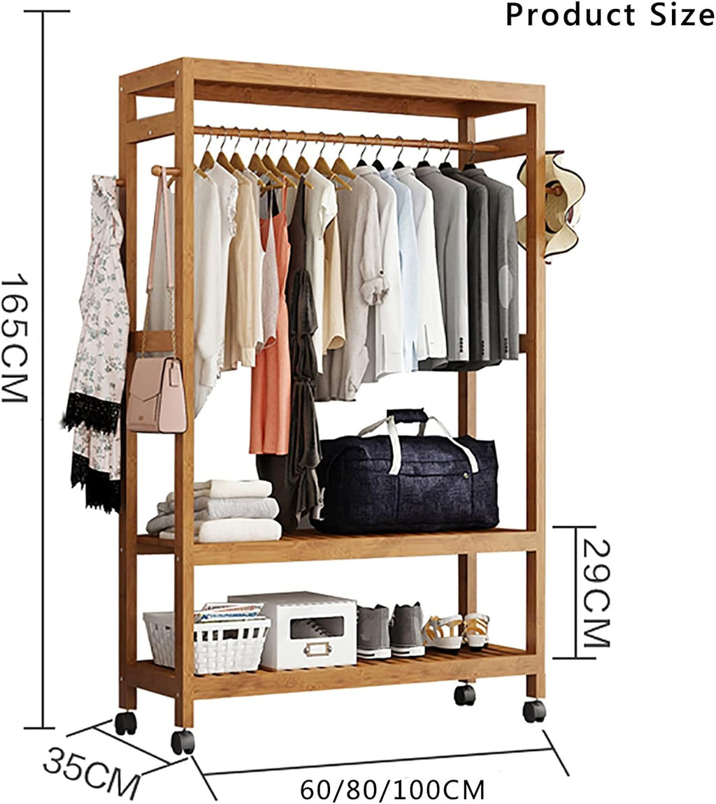 Bamboo Clothes Rack,2-Tier Storage Shelves Clothes Hanging Rack, with Wheels 4 Hooks,for Shirts Bags Scarves Pants Shoes Storage Boxes