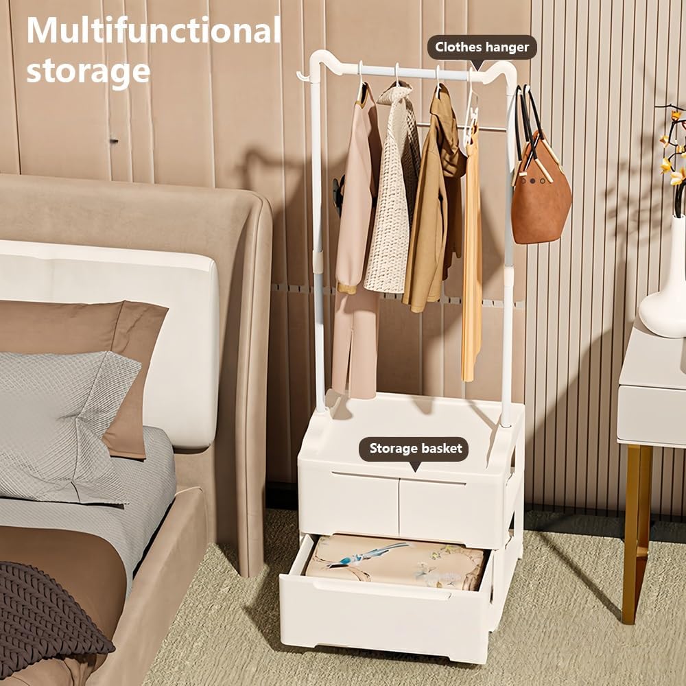 Freestanding Clothes Rack with Storage Drawers, Bedroom Wardrobe Organizer with Rolling Wheels, Small Space Garment Rack Cabinet for Entryway or Dorm(18.1 * 15.1 * 61.4in)