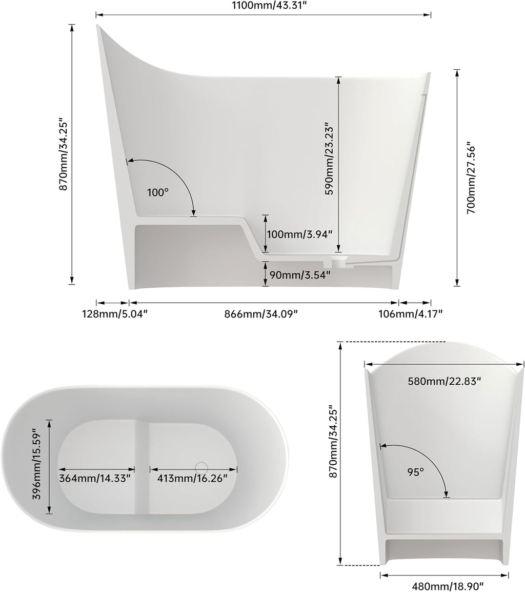 SJ Star&Jane 43' Solid Surface Japanese Soaking Bathtub Stone Resin Freestanding Tub Deep Soaking Bathtub Sit-In Design with Drain