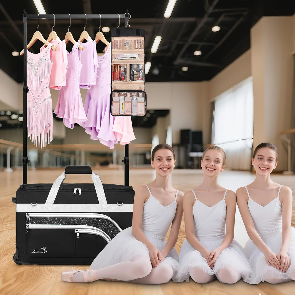 Dance Bag with Garment Rack - 28' Rolling Dance Competition Duffle Bag with Rack | Wheeled Dance Suitcase - Multiple Pockets for Dancers Cheerleader Athlete Travelers Livestreamer Cosplayer