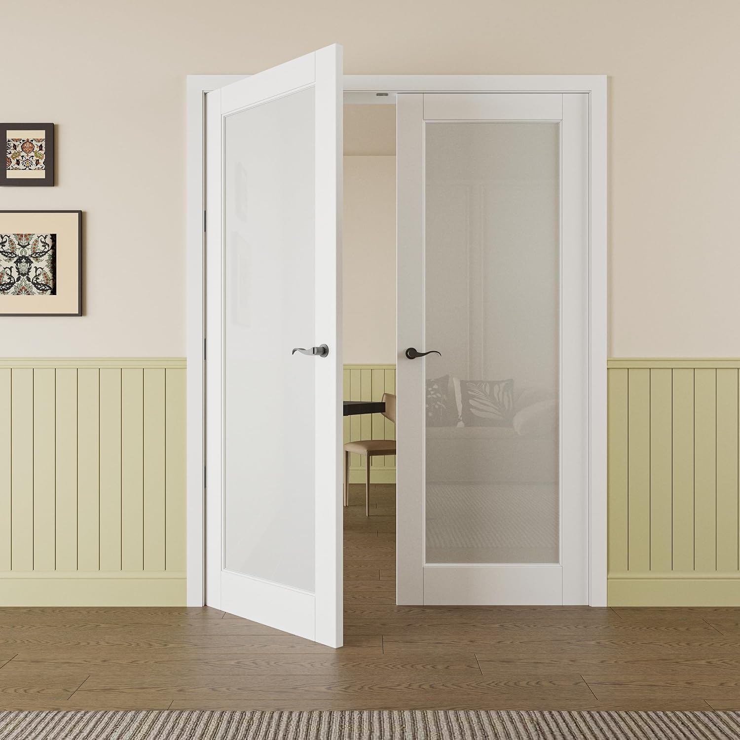 Prehung French Door 68' x 80' (2x34 in), Tempered Frosted Glass Door Slabs with Jamb, Black Hinges, 4 Levers & Latch, Solid Core Interior Door, Pre-Finished & Paintable, MDF Double Doors Interior
