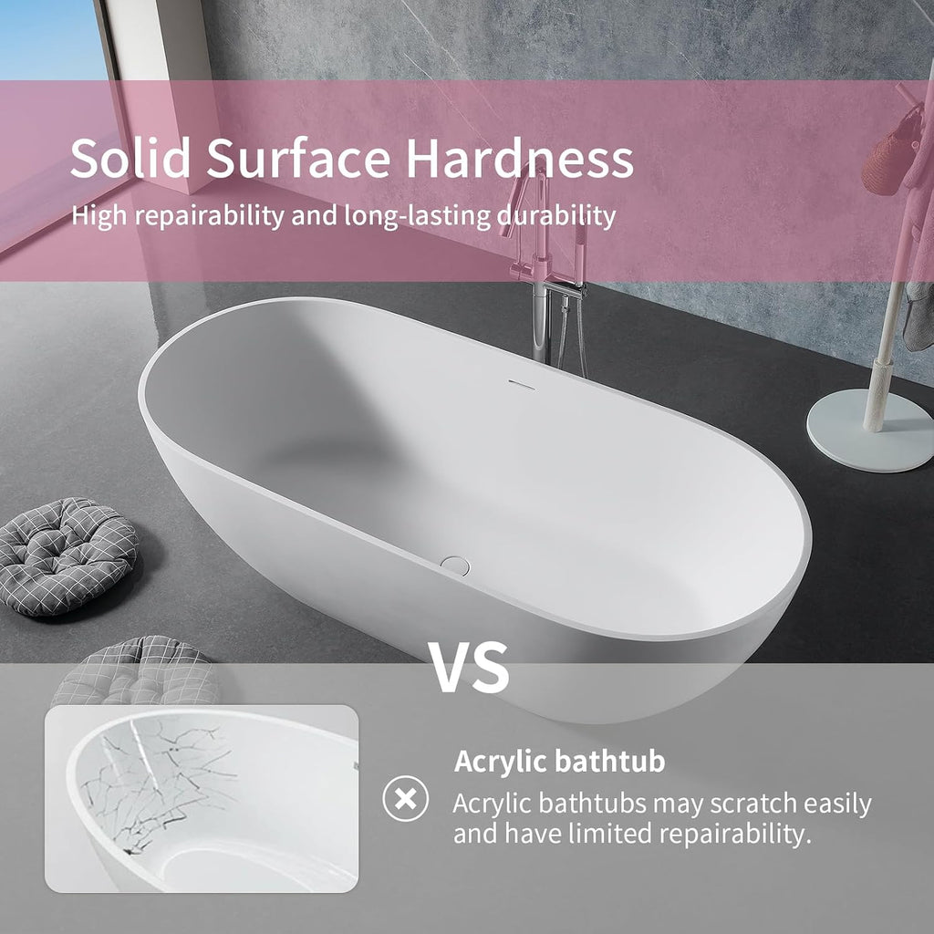 TONA 59' Stone Resin Freestanding Bathtub， Modern Oval Solid Surface Soaking Stand Alone Tub, Matte White, Drain & Overflow Included