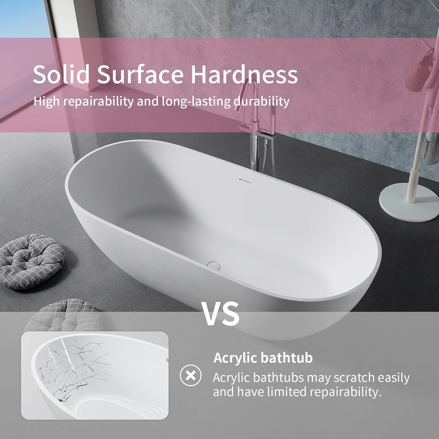 TONA 59' Stone Resin Freestanding Bathtub， Modern Oval Solid Surface Soaking Stand Alone Tub, Matte White, Drain & Overflow Included