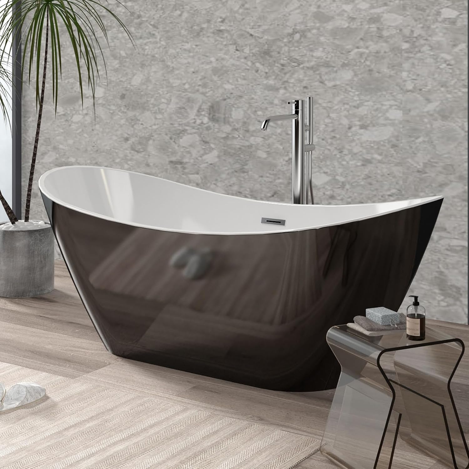 GarveeHome 59 Inch Freestanding Bathtub, Acrylic, Contemporary Black Stand Alone Tub, Oval Bathtub with Chrome Overflow and Drain, Free Standing Tub for Bathroom, cUPC Certified