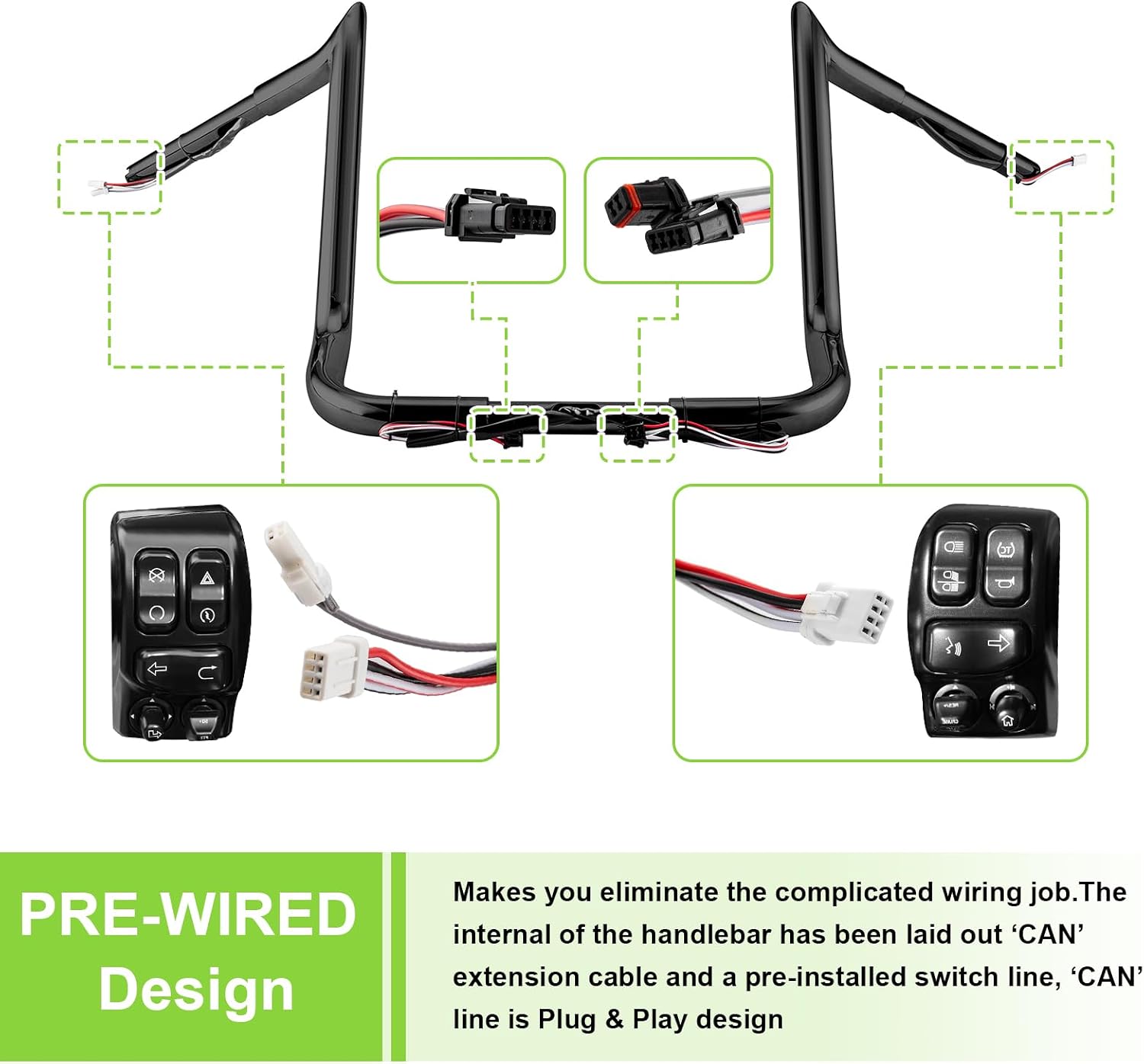 Mofun 14' Pre-wired Handlebars Ape Hangers 1 1/4' Compatible with Harley Bagger Touring Street Electra Glide Tri Glide Ultra Limited 2014-2023 Gloss Black