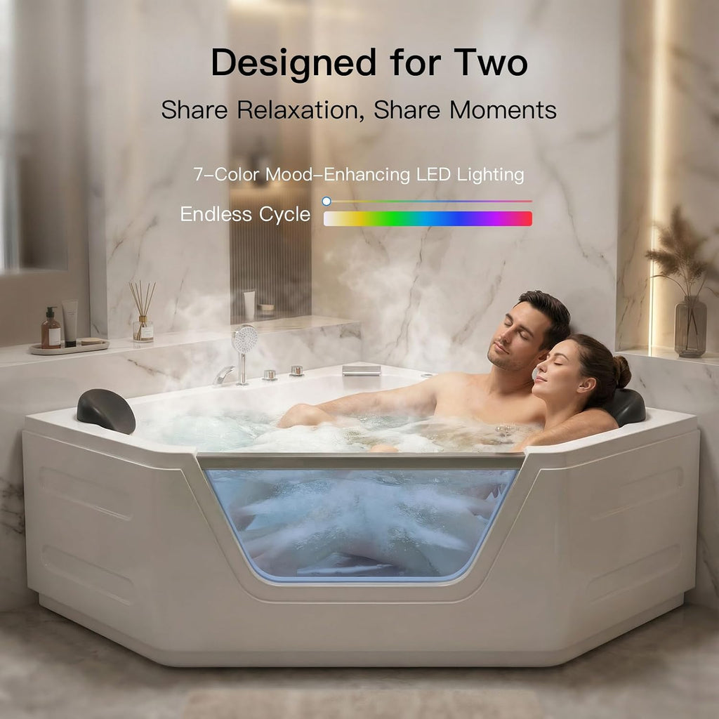 59x59 Corner Jetted Tub - Luxury White Whirlpool Acrylic Bathtub with 7 Color Light Ideal for Couples' Relaxation and Wellness Home Spa, Ergonomical Bathtub Includes Faucet & 2 Bath Pillows
