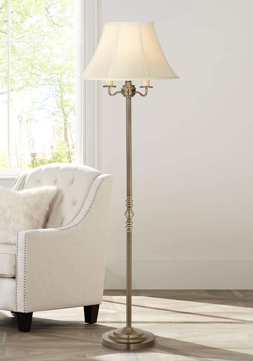 Regency Hill Montebello Traditional Shabby Chic Floor Lamp Standing Pole 59' Tall Antique Brass Gold Metal Off White Bell Shade Candelabra Decor for Living Room Reading House Bedroom Home