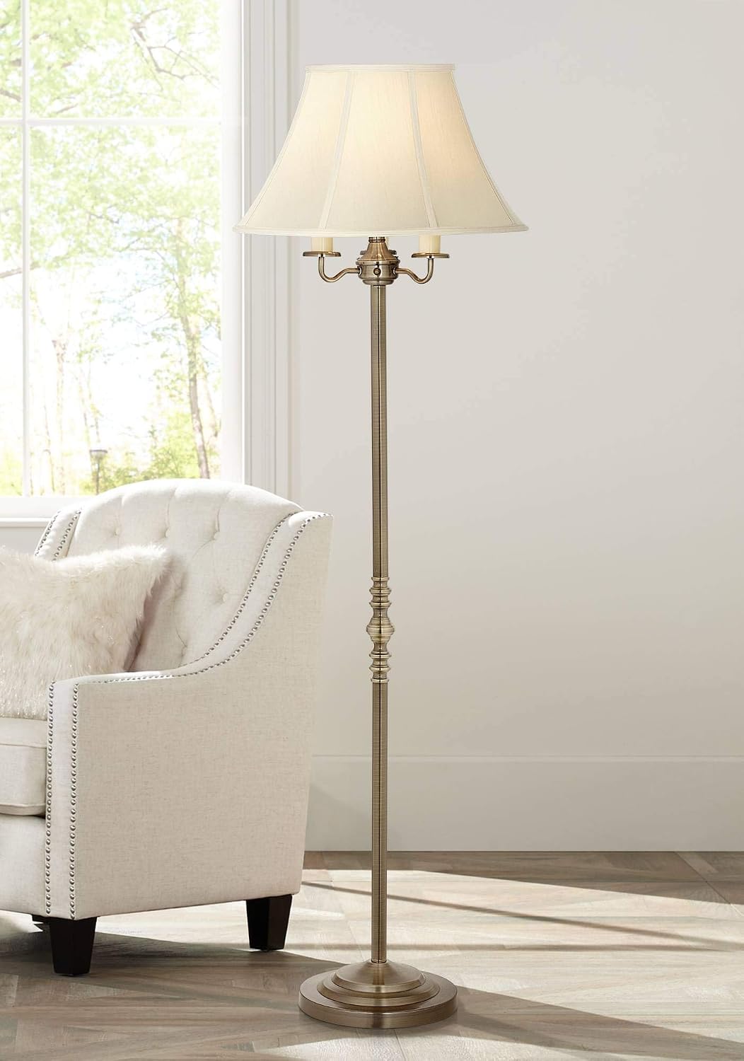 Regency Hill Montebello Traditional Shabby Chic Floor Lamp Standing Pole 59' Tall Antique Brass Gold Metal Off White Bell Shade Candelabra Decor for Living Room Reading House Bedroom Home